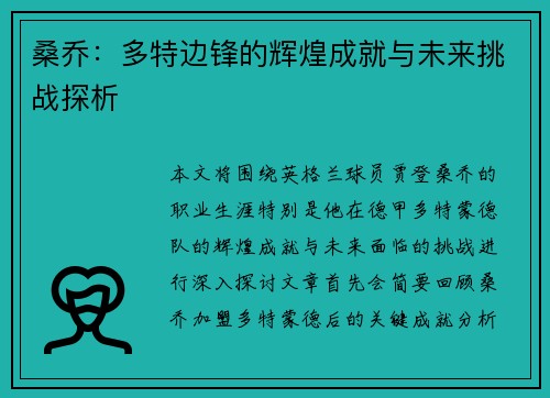 桑乔：多特边锋的辉煌成就与未来挑战探析