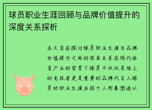 球员职业生涯回顾与品牌价值提升的深度关系探析