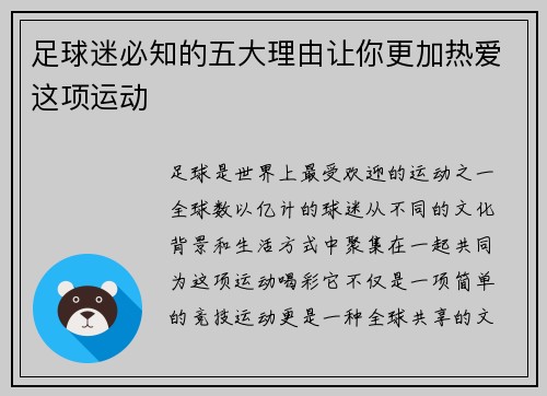 足球迷必知的五大理由让你更加热爱这项运动 足球迷必知的五大理由让你更加热爱这项运动